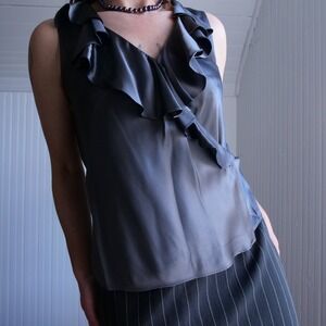 Gorgeous 90s/y2k Lauren Ralph Lauren gunmetal grey silk ruffle wrap top